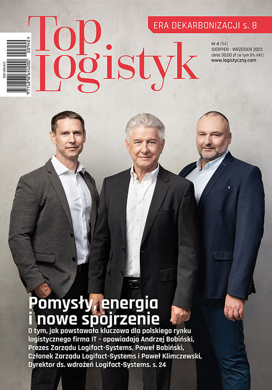 Okładka magazynu TOP Logistyk z portretem zarządu firmy Logifact: Andrzej Bobiński, Paweł Bobiński, Paweł Klimczewski